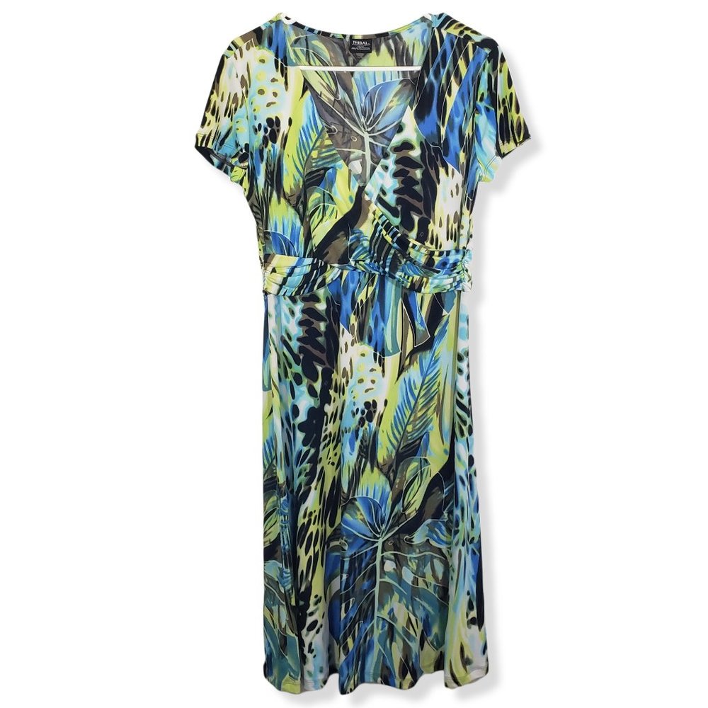 TRIBAL Medium Blue, Yellow, Black Crossover, Cap Sleeve, Midi Dress